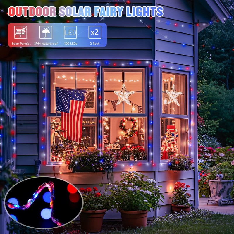 JMEXSUSS 2 Pack Red White and Blue Solar Lights, Each