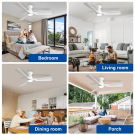 Depuley 52-Inch Ceiling Fans with Lights: White 3 Blade Flush Mount Low Profile Ceiling Fan for Bedroom - Dimmable Indoor Outdoor Fan with Remote APP Control Ultra Quiet DC Motor Timer
