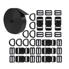 ONE WVW PIN 1 inch Buckle Strap Set with 10 Yards Nylon Webbing, 8 Pcs Metal D Rings, 8 Pcs Quick Side Release Plastic Buckles, 16 Pcs Tri-glide Slide Clip for DIY Backpack Replacement (Black)
