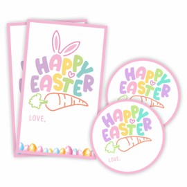 Happy Easter Sticker Kit - Happy Easter Bunny Ear & Carrot - 20 Round Sealing Label & 20 Gift Tags - Adhesive Gift Wrapping Sticker Set for Kids, Teacher, Party Favor & Decorations - A06