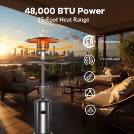 Outdoor Heaters for Patio 48000 BTU Propane Patio Heater with Wheels, Stainless Steel Gas Fire Tower, Commercial Outdoor Heater for Deck, Balcony, Camping, Tailgating, Modern Outdoor Heating