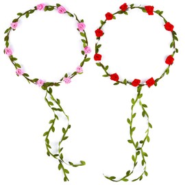 PLULON Pack of 2 Flower Crown Headband Women Garland Headband Hair Flower Wreath Boho Headpiece for Girls Wedding Festival Hair Accessories (Red + Pink)