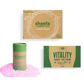 Sheets Laundry Club - Kit de lavandería todo en uno. - Ligero y libre de desorden - Disfruta de 50 sábanas de lino fresco de disolución rápida, tubo de refuerzo de aroma de lavanda de 1 a 8 onzas, 40 hojas de secadora de lavanda a base de plantas