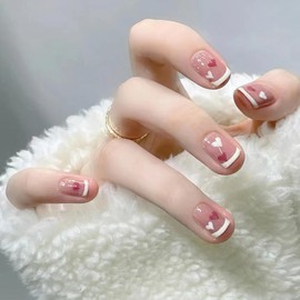 Valentine's Day French Tip Press on Nails Short Square Fake Nails Glossy Nude Pink False Nails with Red White Hearts Design Cute Reusable Glue on Nails for Women Girls Manicure Art Decorations 24Pcs