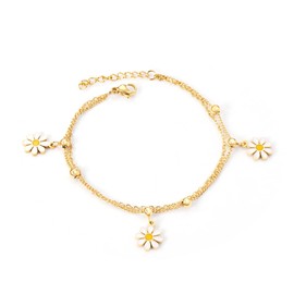Dainty Daisy Charm Pendant Double Layer Chain Bracelet for Women Stainless Steel Gold Plated Flower Stacking Link Bracelet Adjustable Chain Fashion Jewelry for Her Daughter