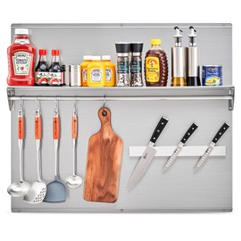 Wilprep Range Backsplash, 36"x30" Stainless Steel Backsplash with Storage Shelf & Magnetic Knife Rack, Range Hood Stainless Steel for Stove, Range Hood Wall Shield with Pre-Drilled Holes
