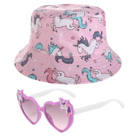 DAVBNM Unicorn Sun Hat and Sunglasses Set for Kids, Summer Accessories Set for Girls, Foldable Bucket Hat, UV Protection Sunglasses, Travel Holiday Unicorn Gifts for Girls