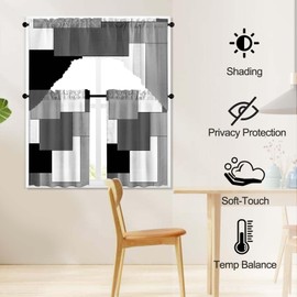 ULQUISNCE Dark Grey Tier and Swag Window Curtain Set, 3Pcs Kitchen Curtain Geometric Art Valance Set Gray Rod Pocket Curtain for Kitchen Window Modern Unique Patterns