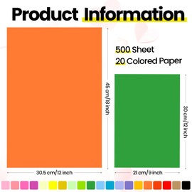 Yeaqee 500 Sheets Colored Construction Paper Bulk 8.5 x 11'' and 12 x 18'' Construction Paper Lightweight Art School Supplies Colorful Craft Paper for Kids Adults Arts and Crafts (70 GSM)