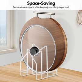 Poeland Kitchen Pot Lid Organizer, Pan Rack with 3 Compartments, Pantry Organizer Rack for Dinnerware, Bakeware, Cookware, Cutting Boards, Pan Lids (White)