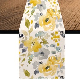 Yellow Floral Table Runner, Seasonal Summer Watercolor Flower Holiday Kitchen Dining Table Decoration for Home Party Decor 13 x 108 Inch