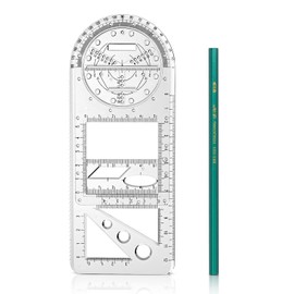 Vicloon Multifunctional Geometric Ruler, Drawing Template Measuring Tool Plastic Measuring Draft Rulers with Movable Protractor and Small Ruler Free Pencil School Office Supplies(Triangle Style)