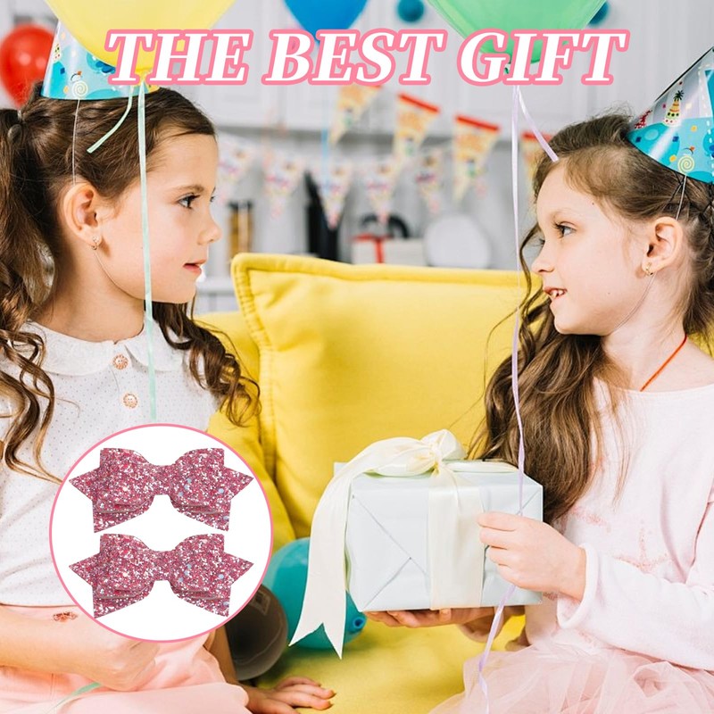 2PCS Pink Hair Bows, Sequin Bows Hair Clips for Girls