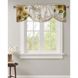 TocaHome Adjustable Tie-up Window Curtain Kitchen Valance for Living Room Sunflower and Bee on Vintage Old Newspaper Rod Pocket Semi Sheer Curtain Valance 1 Panel 54"x18"