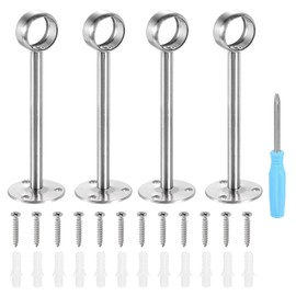 sourcing map 4pcs Stainless Steel Closet Rod Holder Set Open Heightened 1.02" Dia Shower Rod Flange Socket Wardrobe Bracket with Screwdriver and Expansion Tube for Closet Shelf Wardrobe Curtain