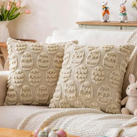 Easter Throw Pillow Covers, Easter Decorations for Home, 18x18 in Soft Plush Faux Fur Jacquard Spring Pillows Cover Set of 2 for Sofa Holiday Festivals Home Decor (Beige Eggs)