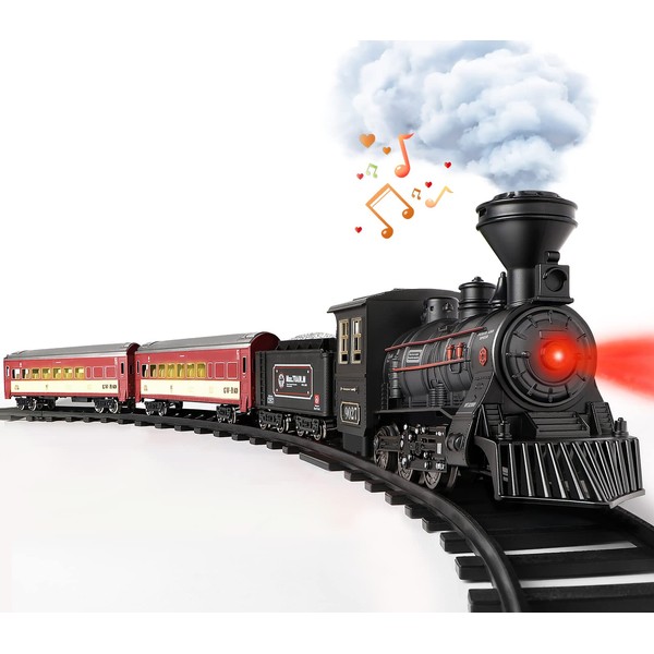 Hot Bee Model Train Set for Boys - Metal Electric Train Toys w/Steam Locomotive, Glowing Passenger Carriages, Alloy Toy Train w/Rich Tracks, Christmas Train Toys Gifts for 3 4 5 6 7+ Years Old Kids