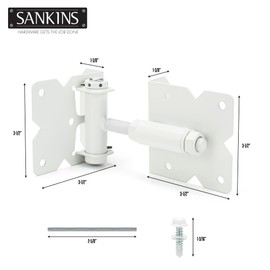 SANKINS Self Closing Gate Hinges Heavy Duty Hardware Hinges for Wooden/Vinyl/PVC Fences, 90 Degree Adjustable Gate Hinge with Installation Screws and Swing Adjuster Tool, 2 Pack/Set, White