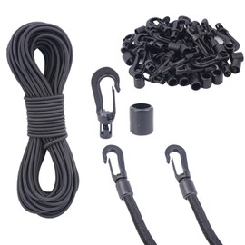 VirtuGro 20M Bungee Cords with Hooks 4mm Elastic Rope, 60Pcs Heavy Duty Plastic Hooks Black Elastic Shock Cords with Locks for Trailer Tarplin Tent Pole Pond Netting Kayaking Garden Furniture Bicycle