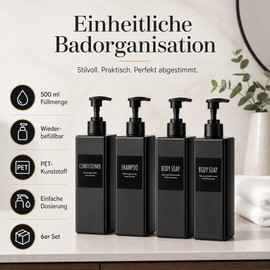 YAYODS Pack of 6 Soap Dispensers Black Bathroom - Pump Bottle 500 ml Refillable - Shampoo Bottles for Filling - Dispenser Bottle Plastic Square with Labels for Body Soap, Shampoo, Lotion