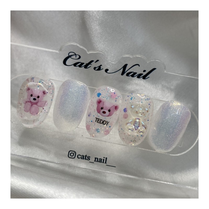 Glitter Teddy Bear Nail Handmade Nail Tips - Coffin /