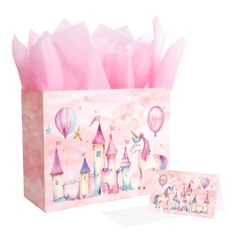 Linelglobal Unicorn Gift Bag with Tissue Paper for Girl Birthday Pink Castle 12.6"