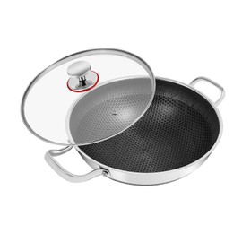 mignonnememe 12.59" Stainless Steel Pan with Lid, Large Non Stick Saute Pan Deep Frying Pan for All Hobs Silver
