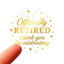 100 x Clear Retirement Party Stickers, Officially Retired Thank You for Celebrating Labels, 1.6" Gold Foil on Transparent Labels, Retirement Party Invitation/Candle Favor/Gift Box/Bag Seals
