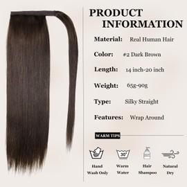 JIAMEISI Ponytail Extension Human Hair Wrap Around Clip in Hair Piece Ponytail Extension Human Hair Straight Ponytail Hair Extensions with Magic Paste 90G 20 Inch #2 Darkest Brown