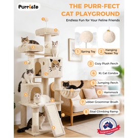 PURRLATO 66in Multi-Level Large Cat Tree Tower for Indoor Cat/Kitties, Mordern Cat Tower with Sisal Scratching Posts, Condos and Hammock, Perches, Ramp for Climbing Heavy Duty