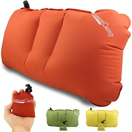 InstantCamp Ultra Light Inflatable Backpacking Travel Pillow - Compact, Ergonomic, Durable for Lumbar Support, Camp, Traveling Includes Stuff Sack (Orange)