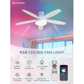 ZMISHIBO 48 inch RGB Ceiling Fans with Lights and Remote/APP Control,White Low Profile Ceiling Fan with Quiet DC Motor,LED Dimmable, Modern Flush Mount Ceiling Fan for Bedroom Indoor,Party, Patio