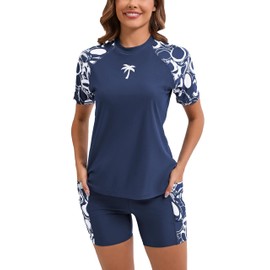 Halcurt - Traje de baño de dos piezas para mujer con protector de erupción integrado y pantalones cortos con bolsillos, Círculo azul marino, Small