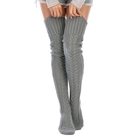 SherryDC Women's Cable Knit Thigh High Socks Winter Boot Stockings Extra Long Over Knee High Leg Warmers, Grey, One Size