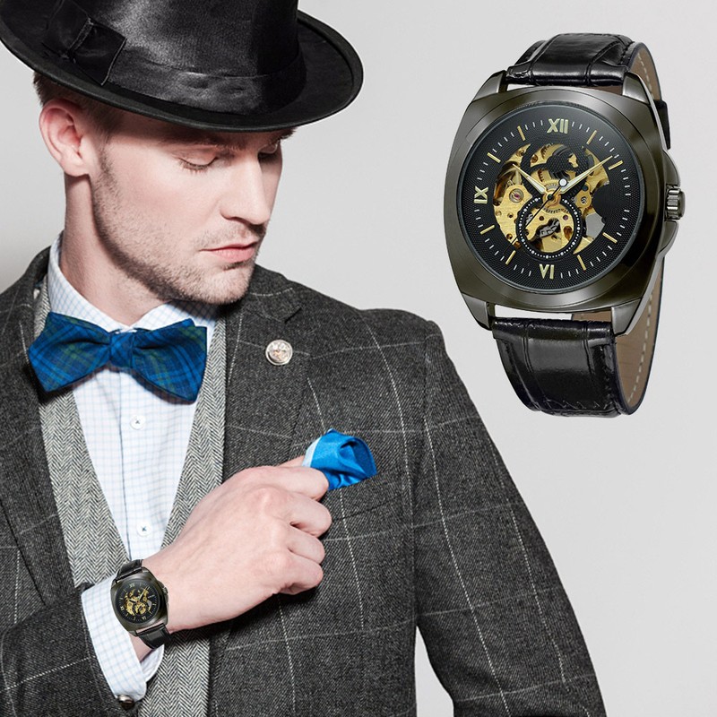 WINNER Men Hollow Mechanical Waterproof Watch Wristwatch (Black Dial)