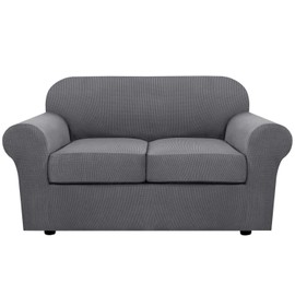 3 Piece Stretch Sofa Covers for 2 Cushion Loveseat Couch Covers for Living Room Sofa Slipcovers Furniture Cover (Base Cover Plus 2 Seat Cushion Covers) Thicker Jacquard Fabric(Medium Sofa, Grey)