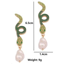 Baroque Pearl Snake Earrings, Serpent Dangle Earrings for Women, Bohemian Snake Animal Vacation Earrings, Cute Snake Statement Earrings Summer Boho Jewelry, Green Snake Drop Earrings for Ladies, Zinc,