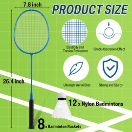 Woanger 8 Packs Badminton Rackets Set with 12 Badminton Racquets for Adult and Teenagers Backyard Gym Beach Outdoor Games (Dark Blue,Light Gold)