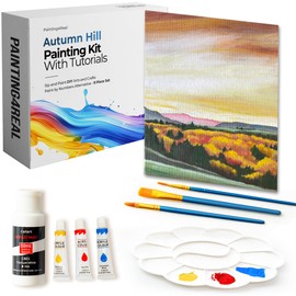 Painting4Real DIY Painting Class Kit for Adults with Video Tutorials: Learn to Paint Autumn Hill – How to Paint with Acrylics – Painting & Art Supplies – 9 Piece Acrylic Paint Set