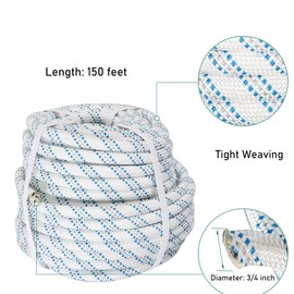 elfinrm 3/4 Inch x 150 Feet Double Braid Polyester Rope, Arborist Bull Rope Tree Rigging Line Utility Rope for Tying Goods, Clothesline, Rigging, Swing(White/Gray/Blue)
