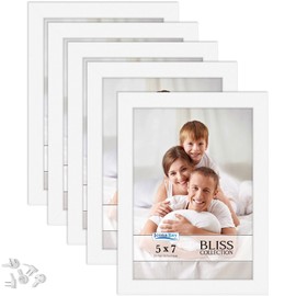 Icona Bay 5x7 Picture Frames (White, 5 Pack), Modern Style Wood Composite Frames Table Top or Wall Mount, Bliss Collection