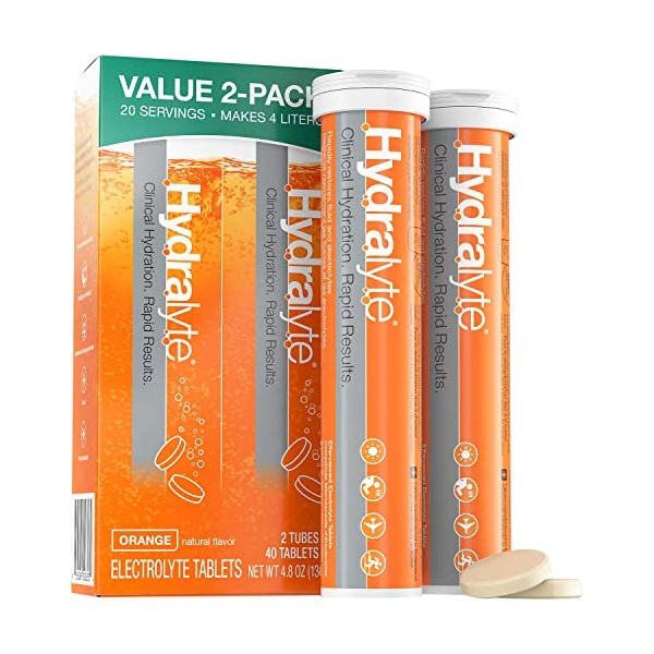 Hydralyte Effervescent Electrolyte Tablets, 2 Pack, On-The-go Clinical Hydration (Orange 20 Count x 2), Effervescent Tablets, Add to Water to Make an Electrolyte Drink