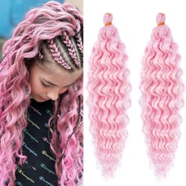 Light Pink Curly Ocean Wave Wavy Braiding Hair 16 Inch Deep Wave Crochet Hair for Black Women Pink Boho Hair for Braiding Soft Curls for Boho Braids Bohemian Extensions