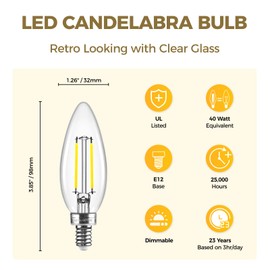 Hizashi E12 Candelabra Bulb 40 watt Equivalent, Dimmable Candelabra LED Light Bulbs 5000K Daylight, 90+CRI 4W 450LM B10 LED Candle Bulb, Candelabra Base, UL Listed, 12 Pack