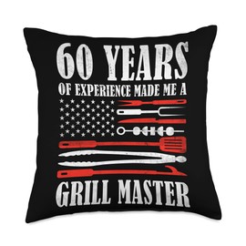 Vintage American Flag Grill Masters 60 Birthday 60 Year Old BBQ Vintage US Flag Grill Masters 60th Birthday Throw Pillow, 18x18, Multicolor