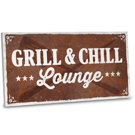 ARTFAVES Garden Sign - Grill & Chill Lounge | Shabby Chic Vintage Garden Decoration Sign with Saying on the Theme Garden/Grill/Rust Look | Size: 30 x 15 cm
