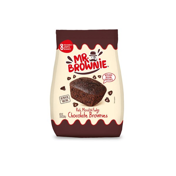 Mr. Brownie Chocolate Brownies - 1 Bag x 8 Individually Wrapped Fudge Brownie Bites with Real Belgian Chocolate Bits - Soft Sweet Snack for Home, School and Work - No Nuts, Palm Oil, or Corn Syrup