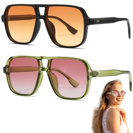 Retro Sunglasses Men, 2 Pack Double Bridge Design Sun Glasses Women, Oversize Retro Aviation Square Sunglasses Womens, Ladies Sun Glasses for Driving UV Protection Men and Women