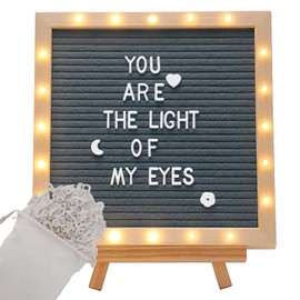 Light up Felt Letter Board Sign with LED Lights - 10 × 10in Changeable Message Board Wall Mounted with Tripod Stand 470 Letters for Birthday Housewarming Gifts Christmas Parties Home Decor, Grey