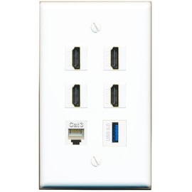 4 HDMI Phone USB-3 Flat/Solid Wall Plate [White]